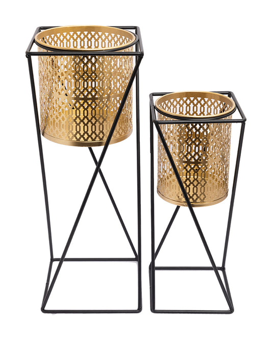 VON CASA Metal Planter with Stand, Golden Colour, Iron, Set of 2