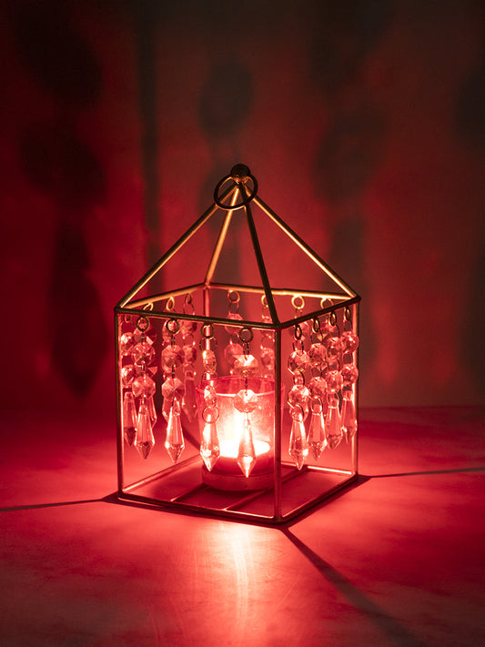 VON CASA Geo T-Light Candle Holder, Clear Crystal Votive Holder, Red Votive, Gold Finish, Mild Steel