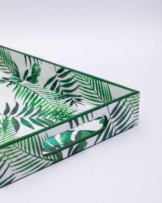 VON CASA Decorative Serving Tray, Wooden Tray with Handles, Nature Inspired Design Tray, Home Décor, Medium, Rectangular, Green Colour, MDF