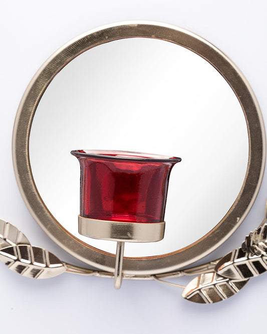 VON CASA Wall Sconce Ring with Mirror, T-Light Holder, Floral Design, Red Votive, Gold, Mild Steel