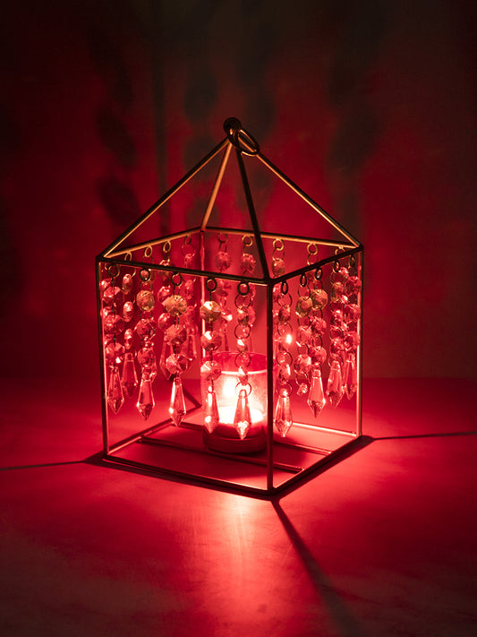 VON CASA Geo T-Light Candle Holder, Clear Crystal Votive Holder, Red Votive, Gold Finish, Mild Steel