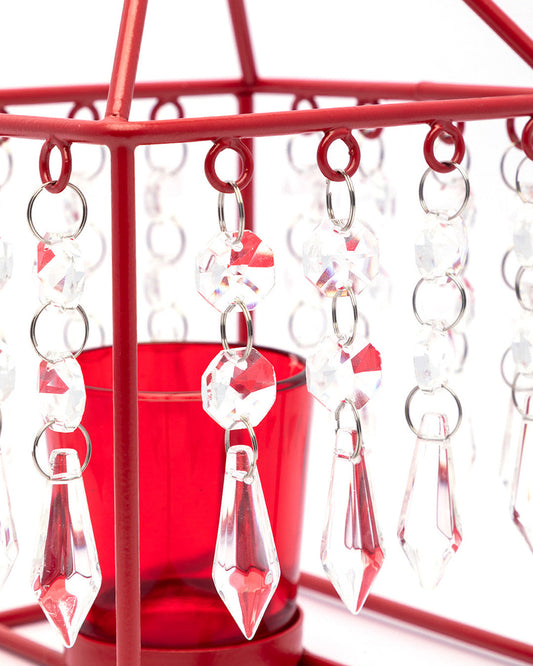 VON CASA Geo T-Light Candle Holder, Clear Crystal Votive Holder, Red Votive, Red Colour, Mild Steel