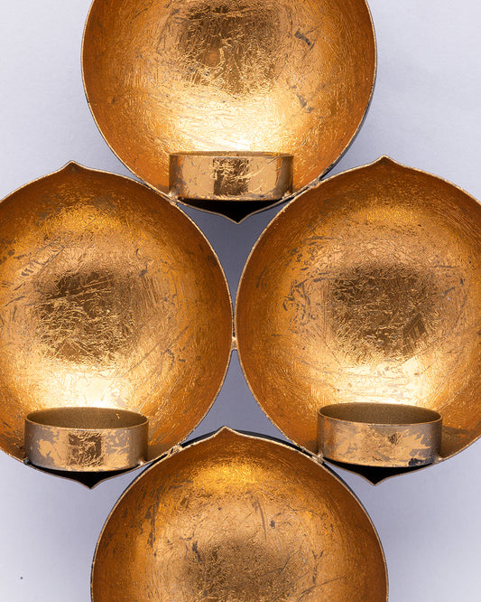 VON CASA Wall Scone Diya, 4 Diya T-Light Candle Holder, Modern Design, Gold Foiling, Mild Steel