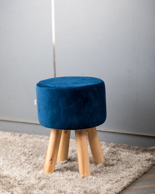 VON CASA Four Legged Wooden Footstool, Ottoman, Navy Blue, Velvet, Wood