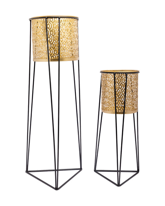 VON CASA Metal Planter with Stand, Golden Colour, Iron, Set of 2