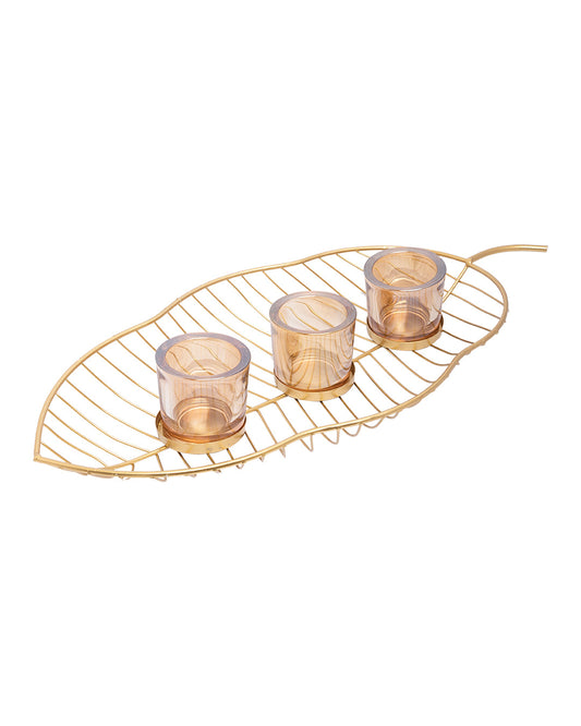 VON CASA T-Light Holder, Leaf Design, Golden Colour, Iron