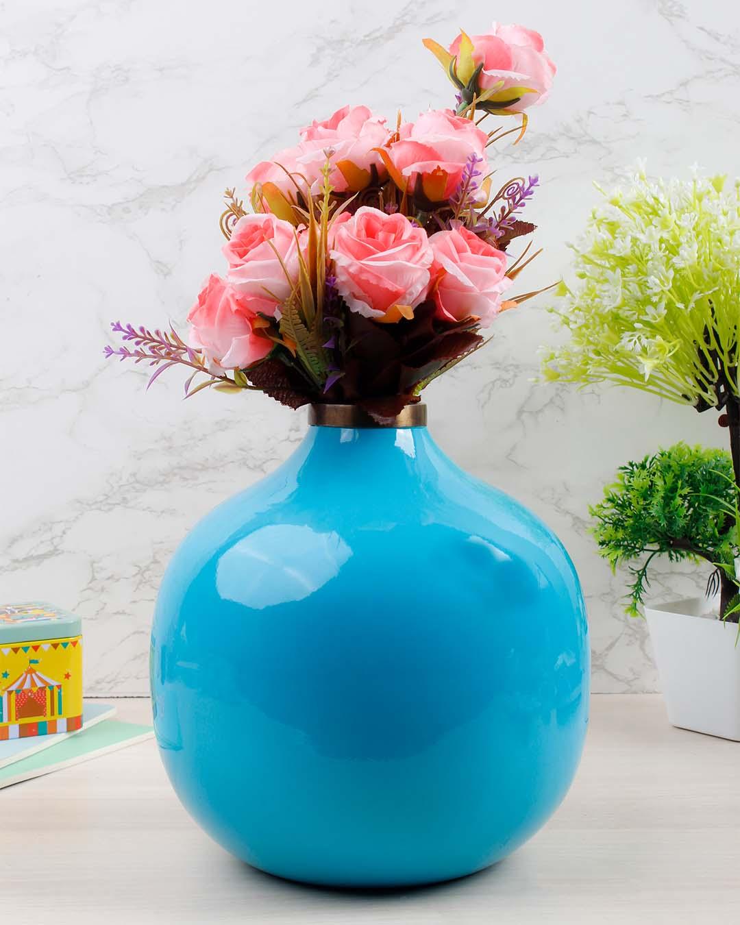 VON CASA Decorative Flower Vase, Diwali Décor, Turquoise, Iron - VON CASA