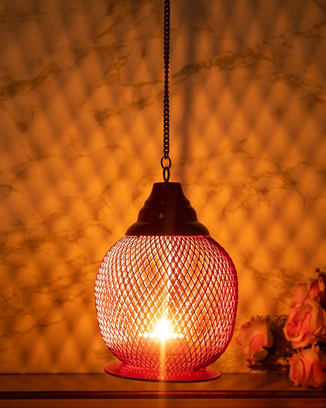 VON CASA Hanging T-Light Holder, Diwali Décor, Red, Iron - VON CASA