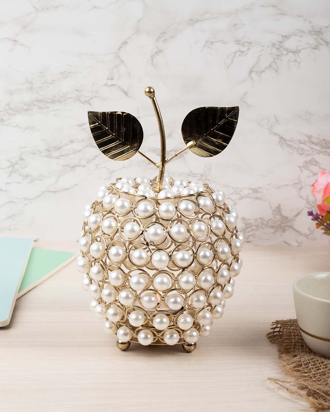 Lighting Silver Crystal Apple T-Light Candle Holder, Diwali Special, Golden, Iron