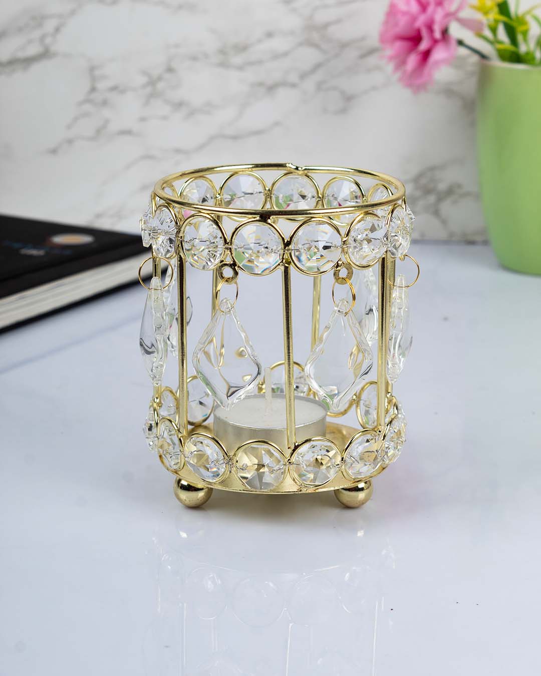 Lighting Silver Crystal Cylindrical Votive Candle Holder, Golden, Iron