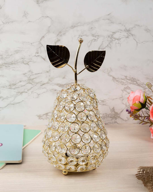 Lighting Silver Crystal Pear T-Light  Candle Holder, Diwali Special, Golden, Iron