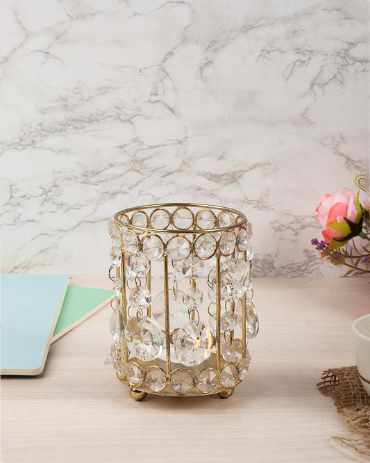 Lighting Silver Crystal Votive Candle Holder, T-Light Holder, Diwali Special, Golden Colour, Iron