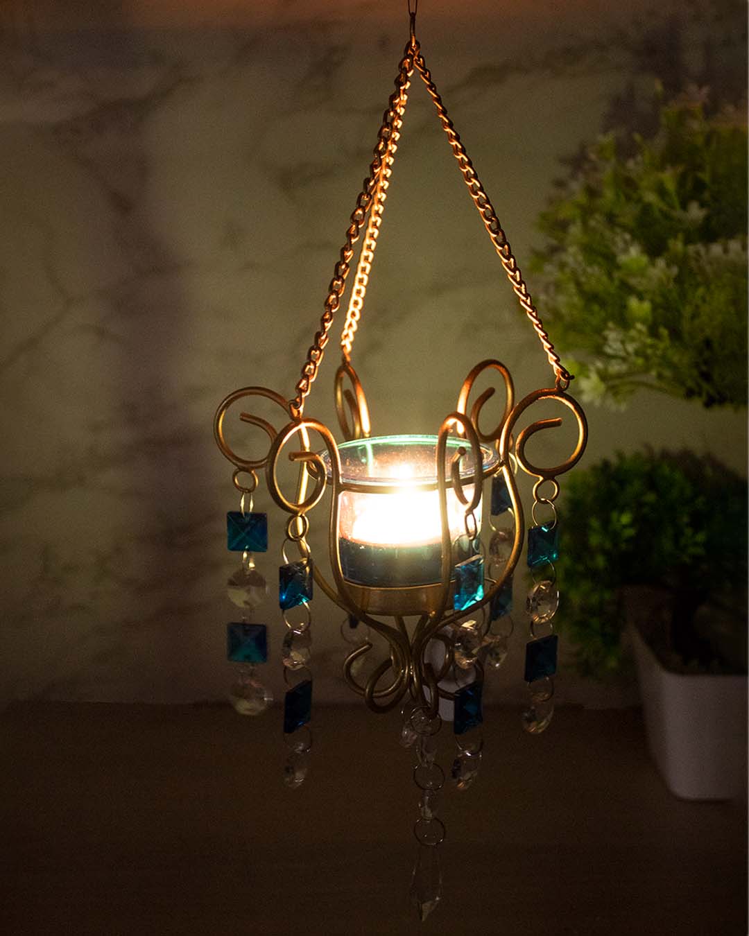 Lighting Wall Hanging Crystal T-Light Holder, Diwali Collection, Blue, Iron