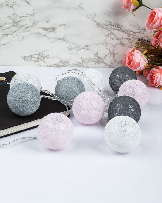 VON CASA String Lights with 10 Balls, Grey & Pink, Polystyrene & Cotton