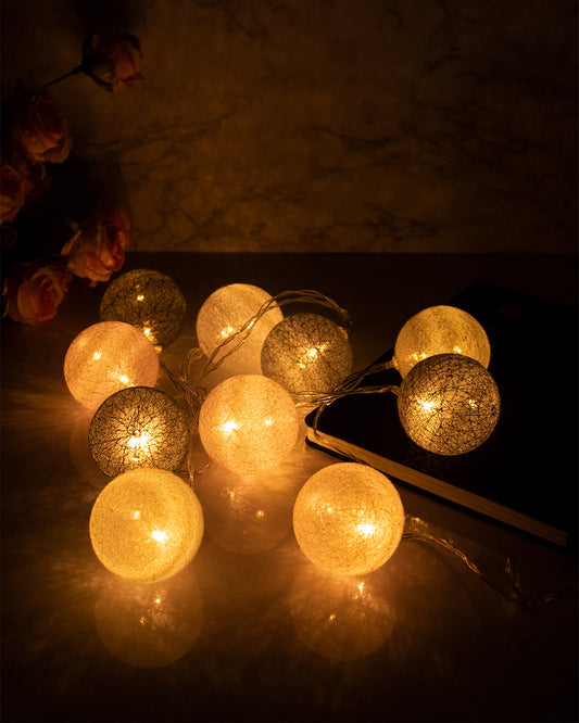 VON CASA String Lights with 10 Balls, Grey & Pink, Polystyrene & Cotton