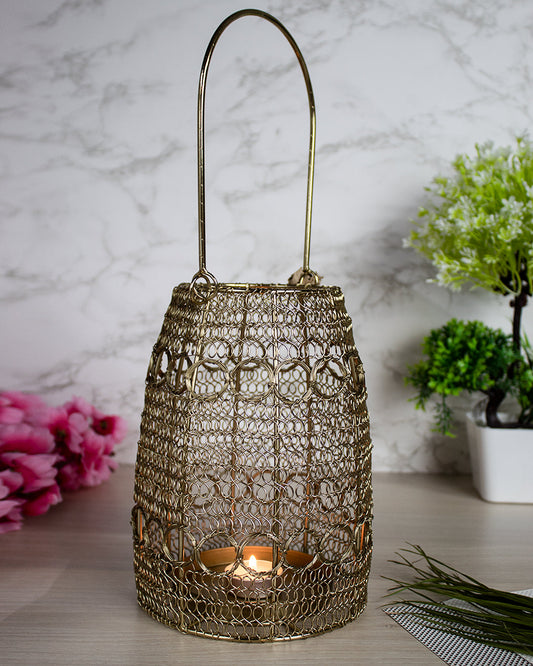 VON CASA Hanging Lantern, Bunnai, Wired Mesh, Golden Colour, Mild Steel