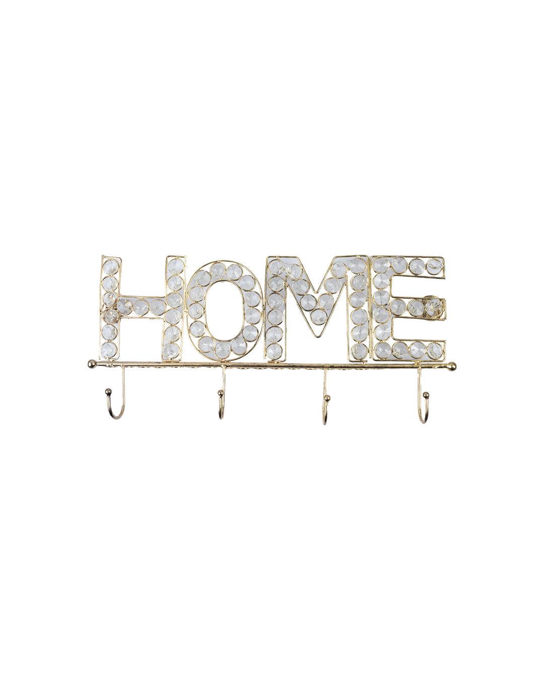 VON CASA "HOME Sign" Silver Crystal Wall Mounted Décor Hook, 4 Hooks, Golden, Iron - VON CASA