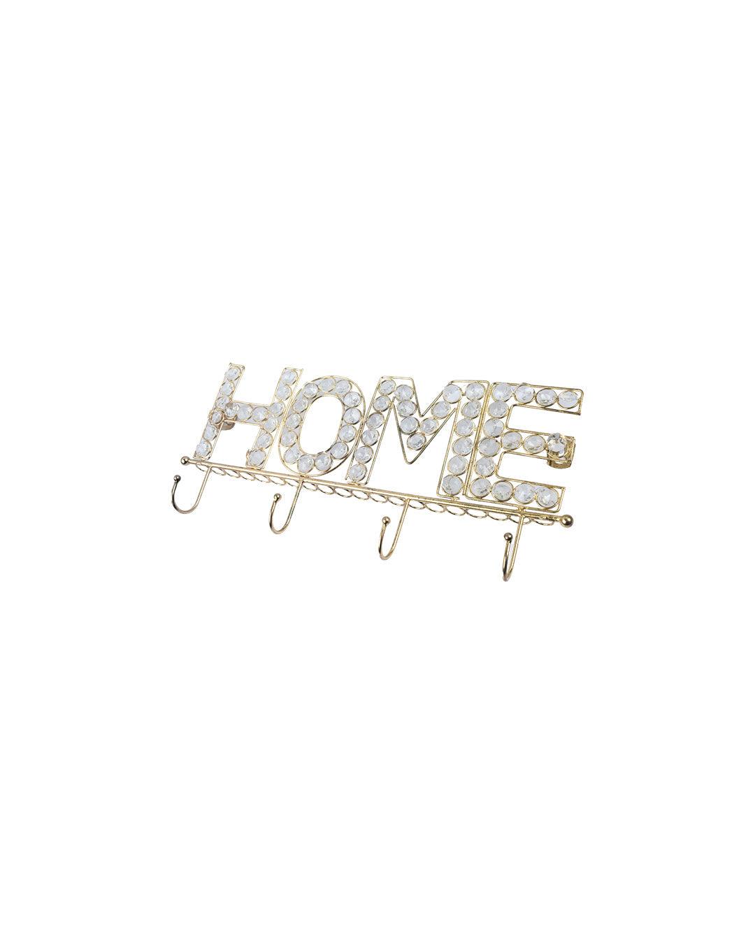 VON CASA "HOME Sign" Silver Crystal Wall Mounted Décor Hook, 4 Hooks, Golden, Iron - VON CASA