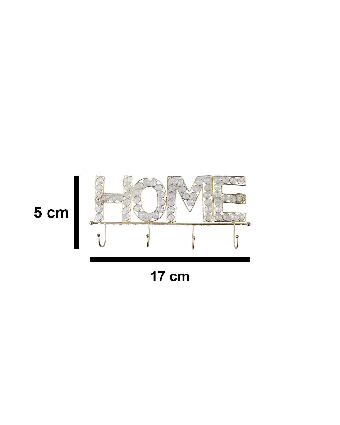 VON CASA "HOME Sign" Silver Crystal Wall Mounted Décor Hook, 4 Hooks, Golden, Iron - VON CASA