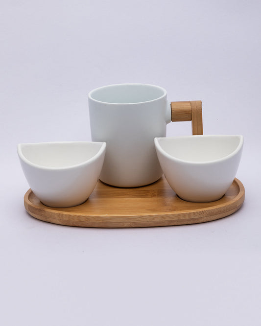 VON CASA Bowls & Mug Set, with Wooden Tray, White, Ceramic & Bamboo, Set of 2 Bowls & a Mug