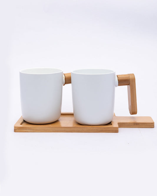 VON CASA Mugs, with Wooden Tray, for Home, Office, Restaurants, White, Ceramic & Bamboo, Set of 2