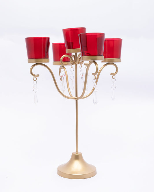 VON CASA 5 Arms T-Light Candle Holder, Red Votive, Clear Crystal, Gold Finish, Mild Steel