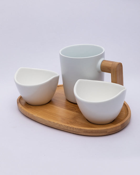 VON CASA Bowls & Mug Set, with Wooden Tray, White, Ceramic & Bamboo, Set of 2 Bowls & a Mug