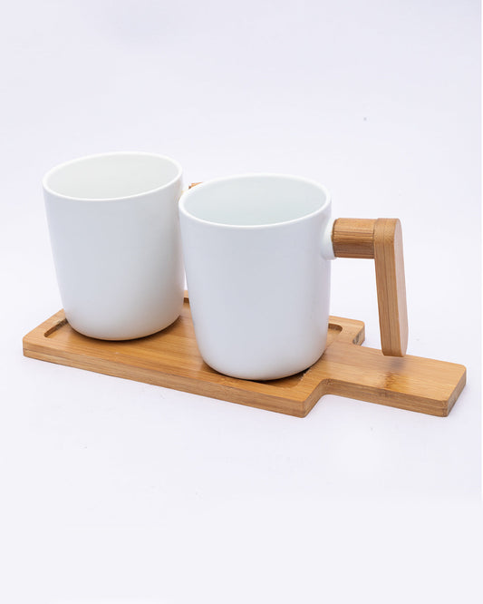 VON CASA Mugs, with Wooden Tray, for Home, Office, Restaurants, White, Ceramic & Bamboo, Set of 2