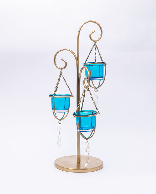 VON CASA 3 T-Light Candle Holder, Turquoise Hanging Votive, Gold Finish, Mild Steel