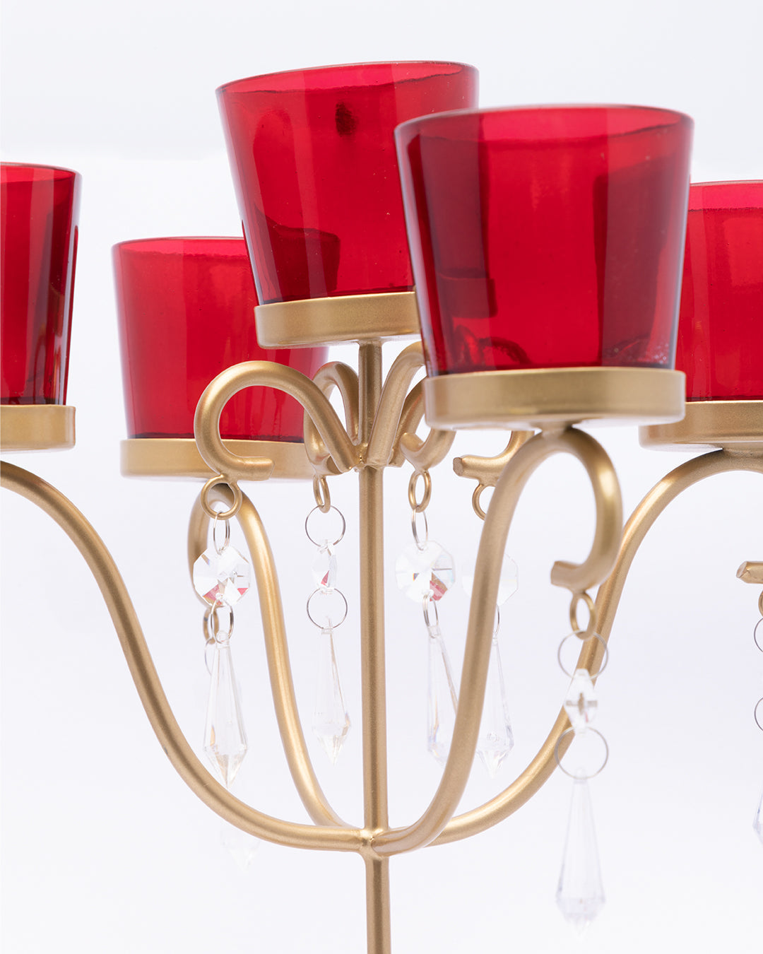 VON CASA 5 Arms T-Light Candle Holder, Red Votive, Clear Crystal, Gold Finish, Mild Steel