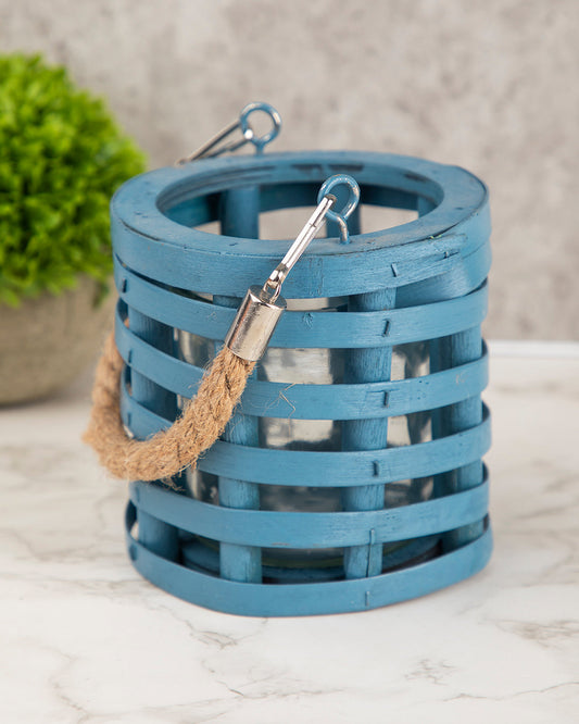 VON CASA Candleholder, Woodchip, Lantern, Blue, Wood