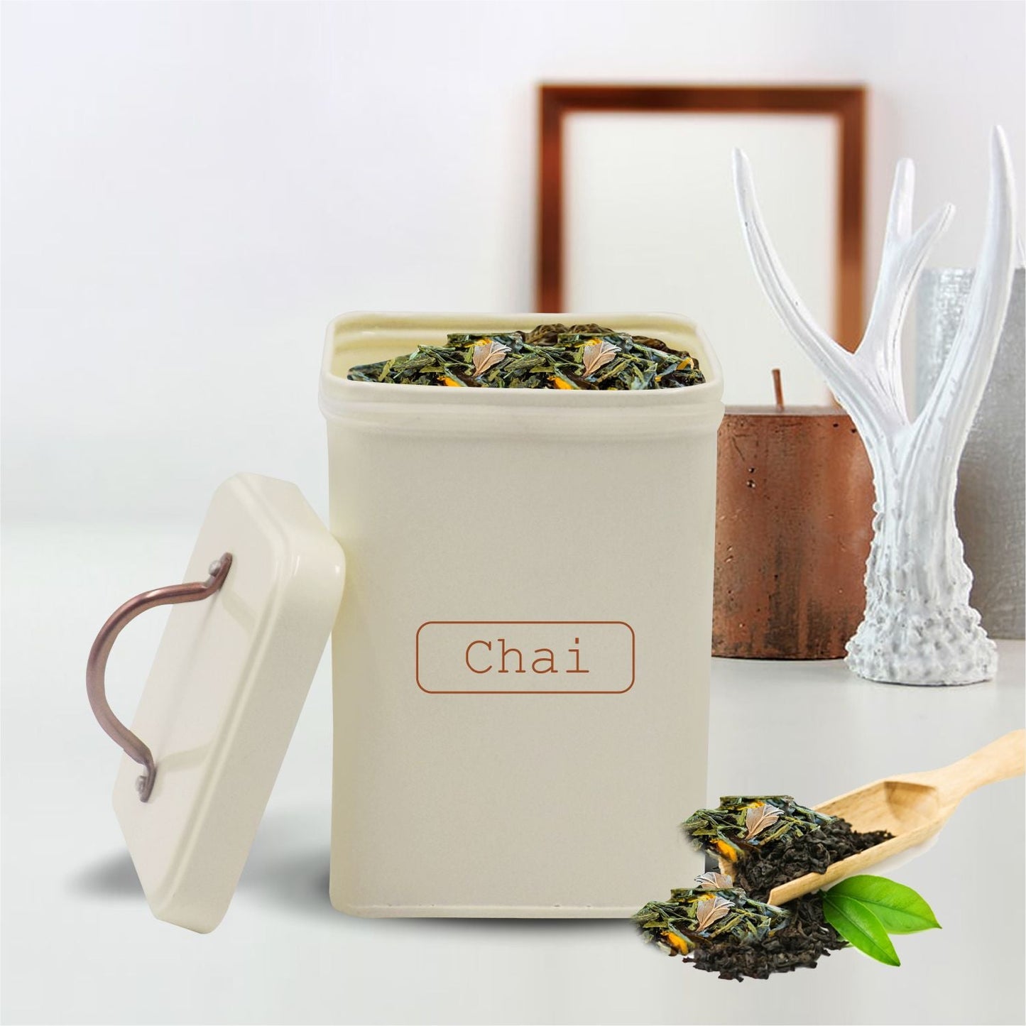 VON CASA Chai Jar, Kitchen Decorative, Countertop Metal Storage Jar, Ivory, Mild Steel