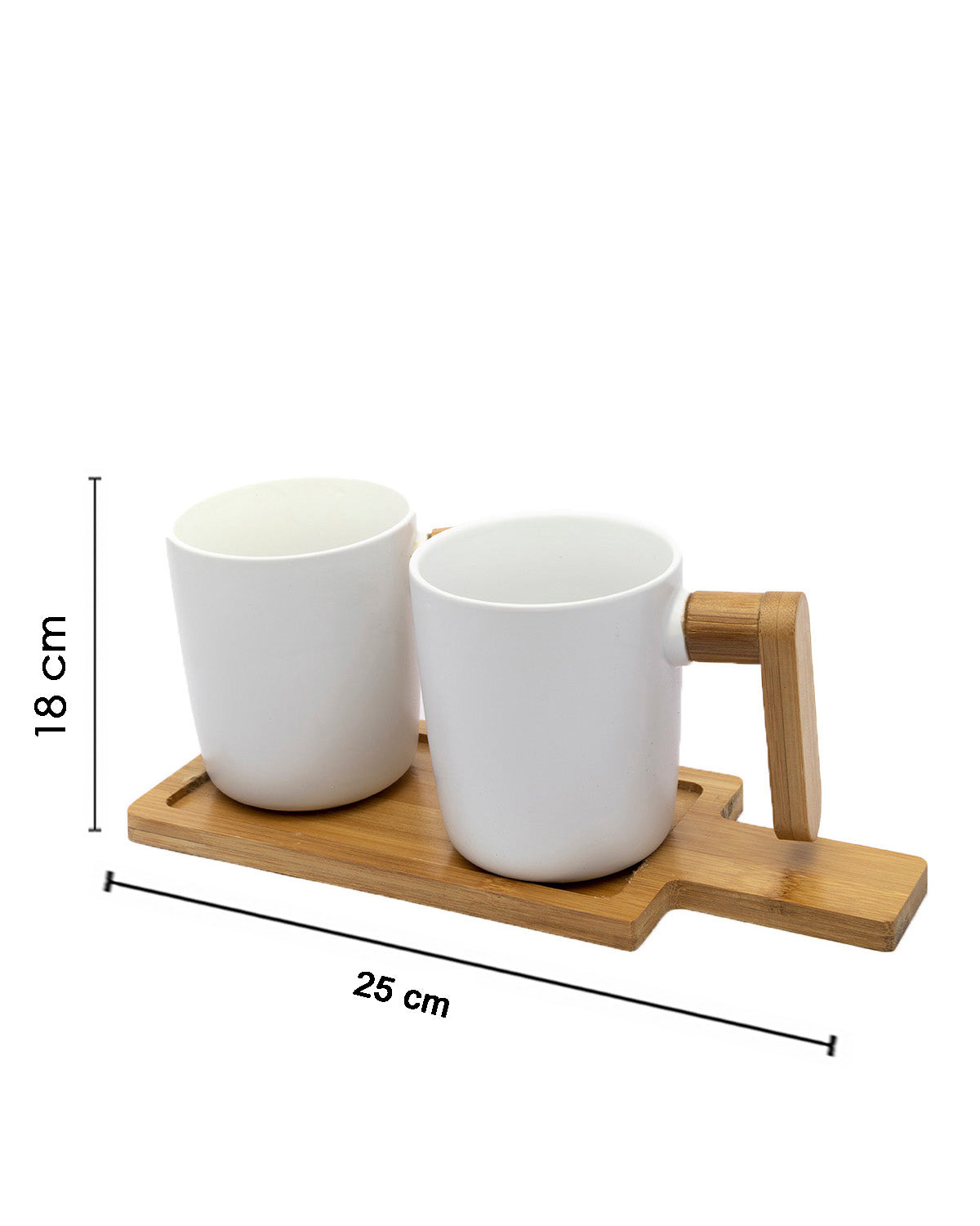 VON CASA Mugs, with Wooden Tray, for Home, Office, Restaurants, White, Ceramic & Bamboo, Set of 2