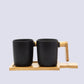 VON CASA Mugs, with Wooden Tray, for Home, Office, Restaurants, Black, Ceramic & Bamboo, Set of 2