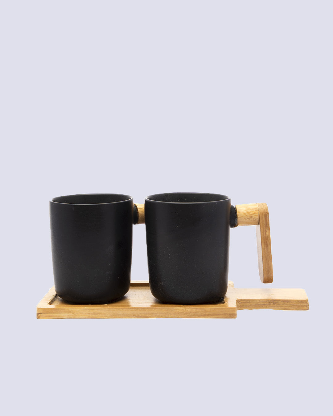 VON CASA Mugs, with Wooden Tray, for Home, Office, Restaurants, Black, Ceramic & Bamboo, Set of 2