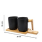 VON CASA Mugs, with Wooden Tray, for Home, Office, Restaurants, Black, Ceramic & Bamboo, Set of 2
