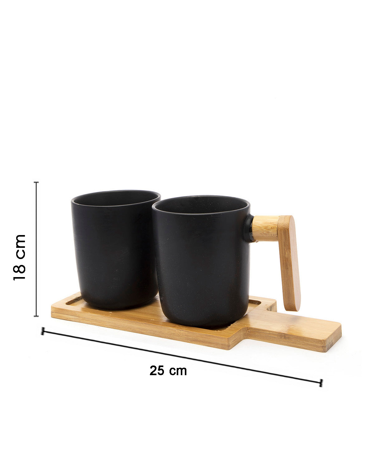 VON CASA Mugs, with Wooden Tray, for Home, Office, Restaurants, Black, Ceramic & Bamboo, Set of 2