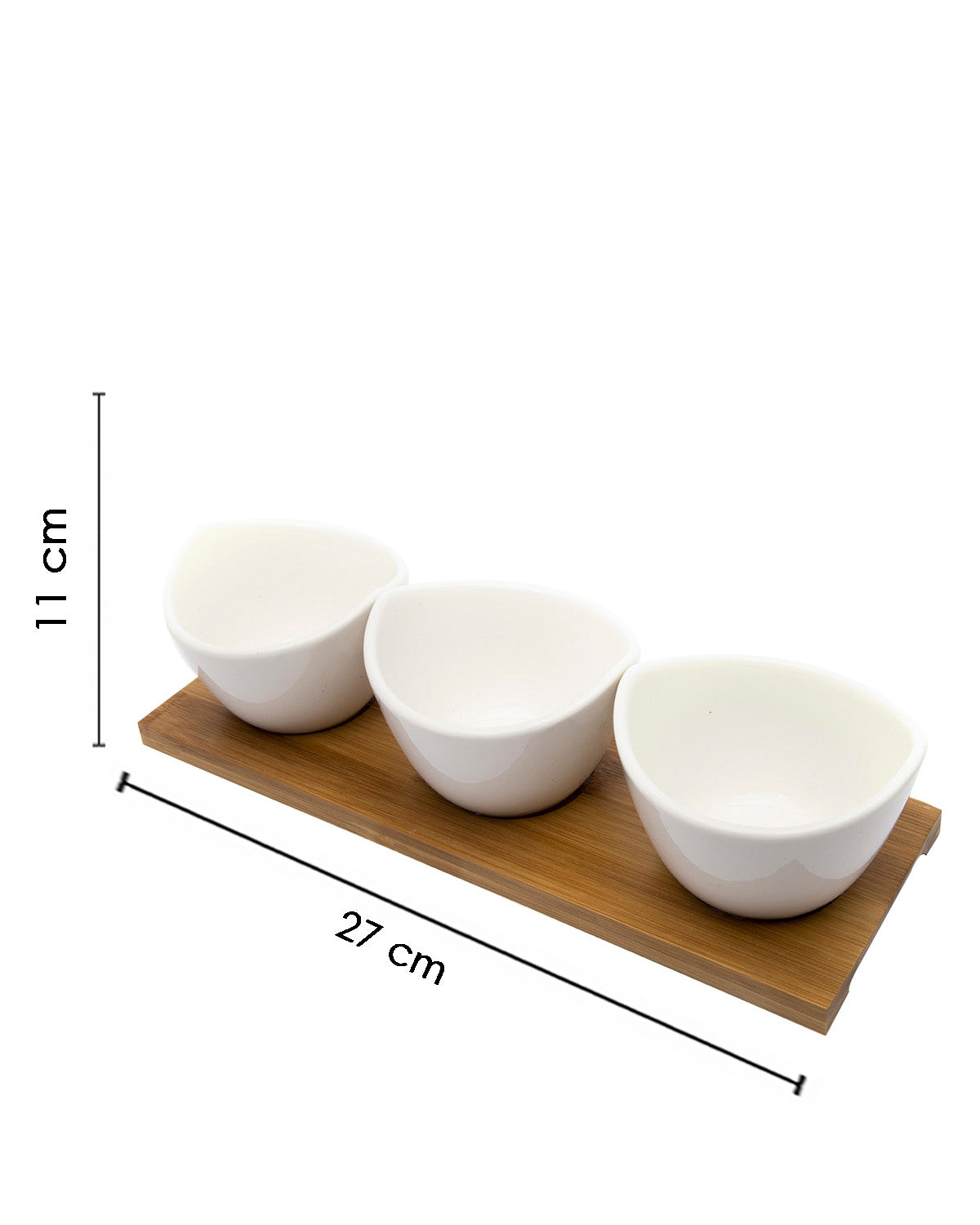 VON CASA Bowls, with Wooden Tray, for Home, Office, Restaurants, White, Ceramic & Bamboo, Set of 3