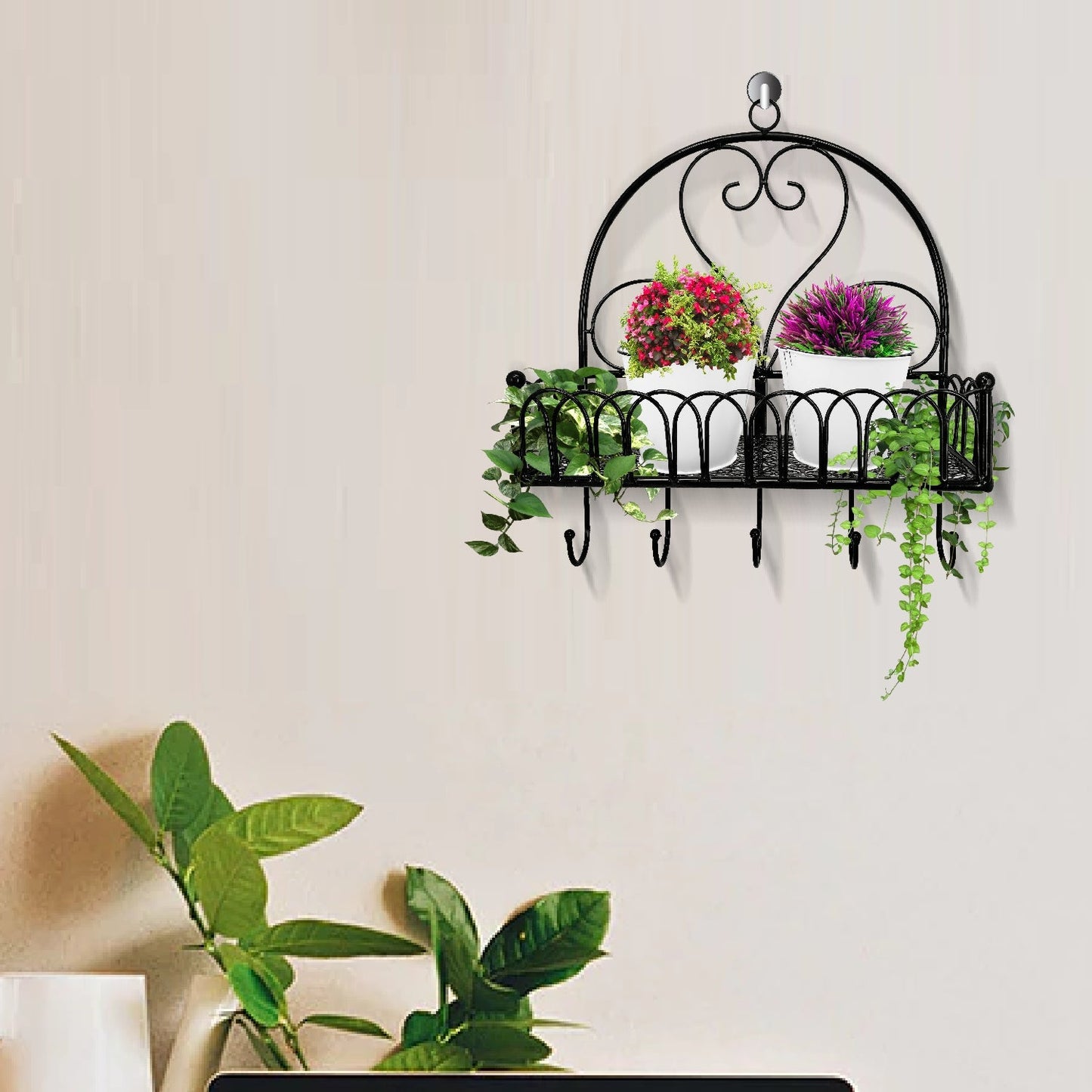 VON CASA Wall Planter, Decorative, Hanging Planter with Hooks, Semi Circle, Black, Iron