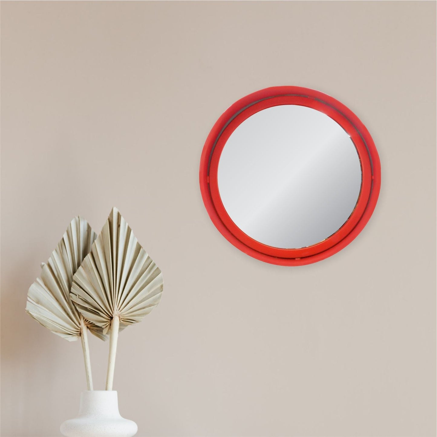 VON CASA Round Mirror, Metal Frame, Elegant Style, Modern Design, Red Colour, Mild Steel