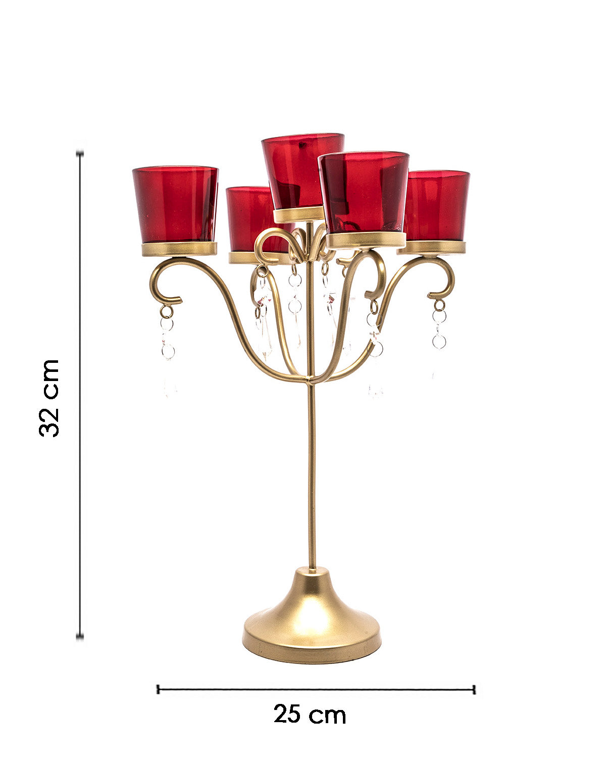 VON CASA 5 Arms T-Light Candle Holder, Red Votive, Clear Crystal, Gold Finish, Mild Steel