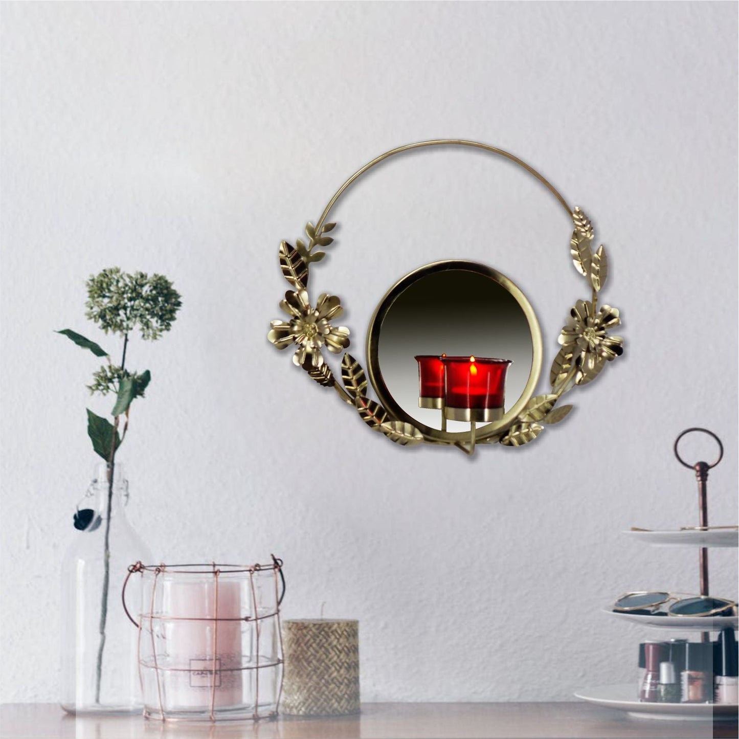 VON CASA Wall Sconce Ring with Mirror, T-Light Holder, Floral Design, Red Votive, Gold, Mild Steel
