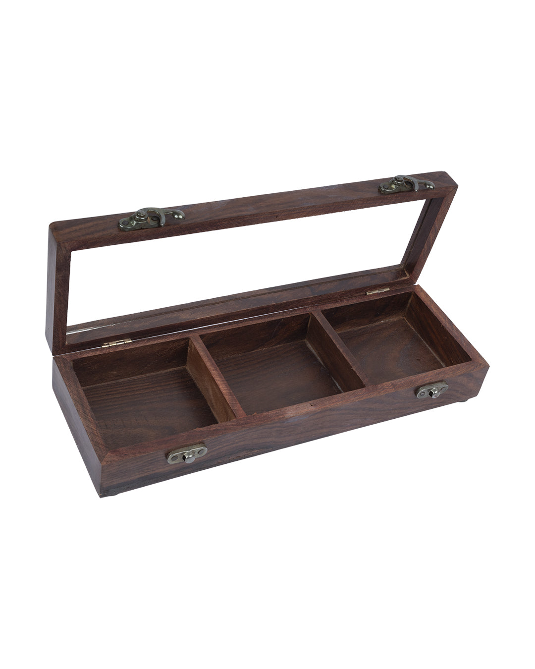 Sheesham Wood Rectangular Spice Box With Hand Carving (3 Compartments)