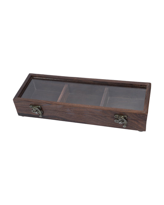 Sheesham Wood Rectangular Spice Box With Hand Carving (3 Compartments)