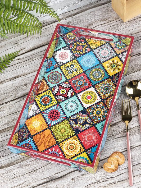 VON CASA Tray with Handle, Multiple Style Print, Multicolour, MDF