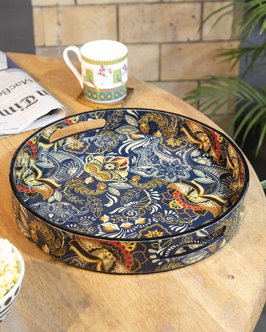 VON CASA Serveware Round Serving Tray With Handle (1 Pcs, Floral Print)