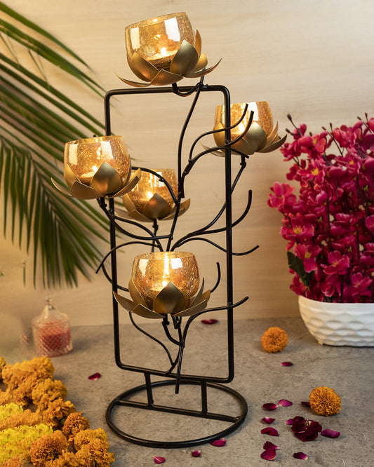 Lighting Lotus T-Light Holder & Stand with 5 Votives, Black & Golden, Iron
