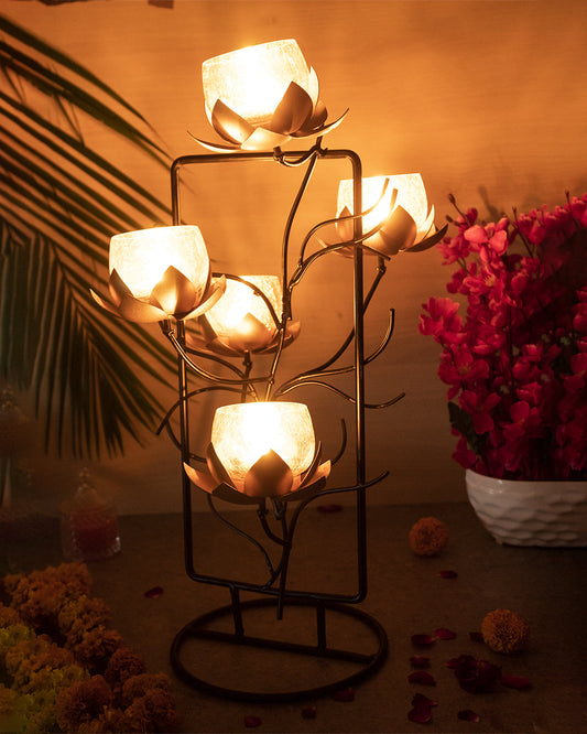 Lighting Lotus T-Light Holder & Stand with 5 Votives, Black & Golden, Iron