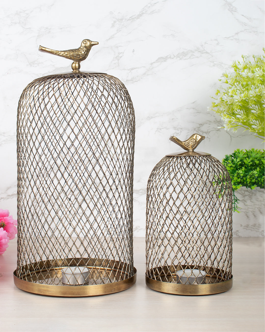 VON CASA Metal Mesh Cloche, Mild Steel, Golden Colour, Set of 2