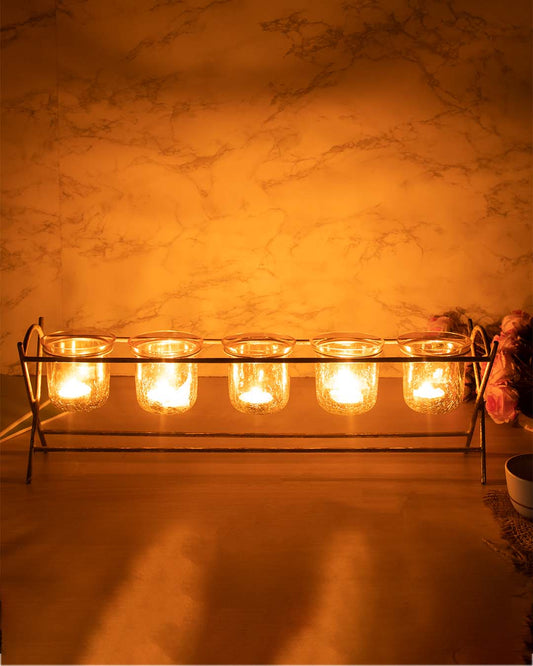 Lighting Table Glass T-Light Holder with Stand, Diwali Decoration, Golden Colour, Iron